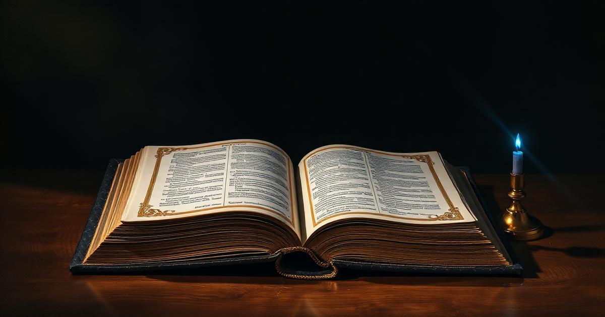 An open sacred text illuminated in a dark study, suggesting theology and artificial intelligence
