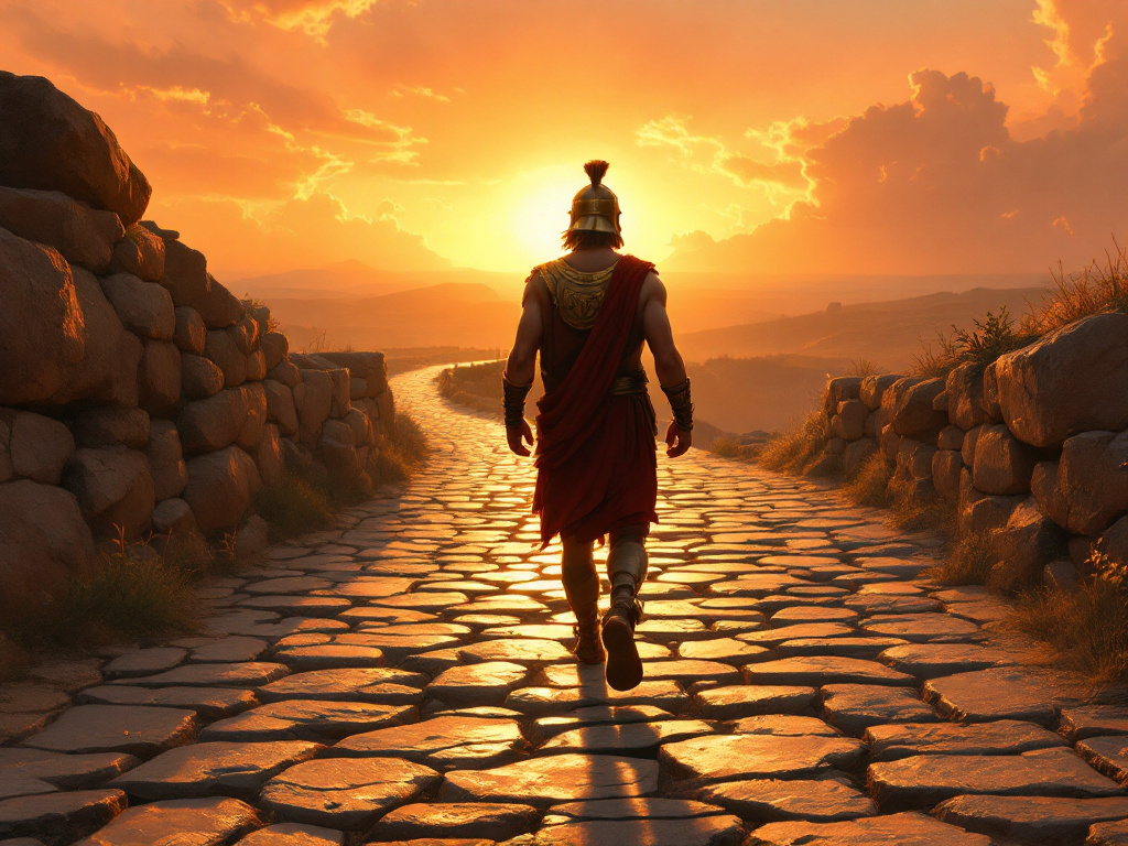 A helmeted warrior in red cloak walks a stone road toward a golden sunset — the long journey home.