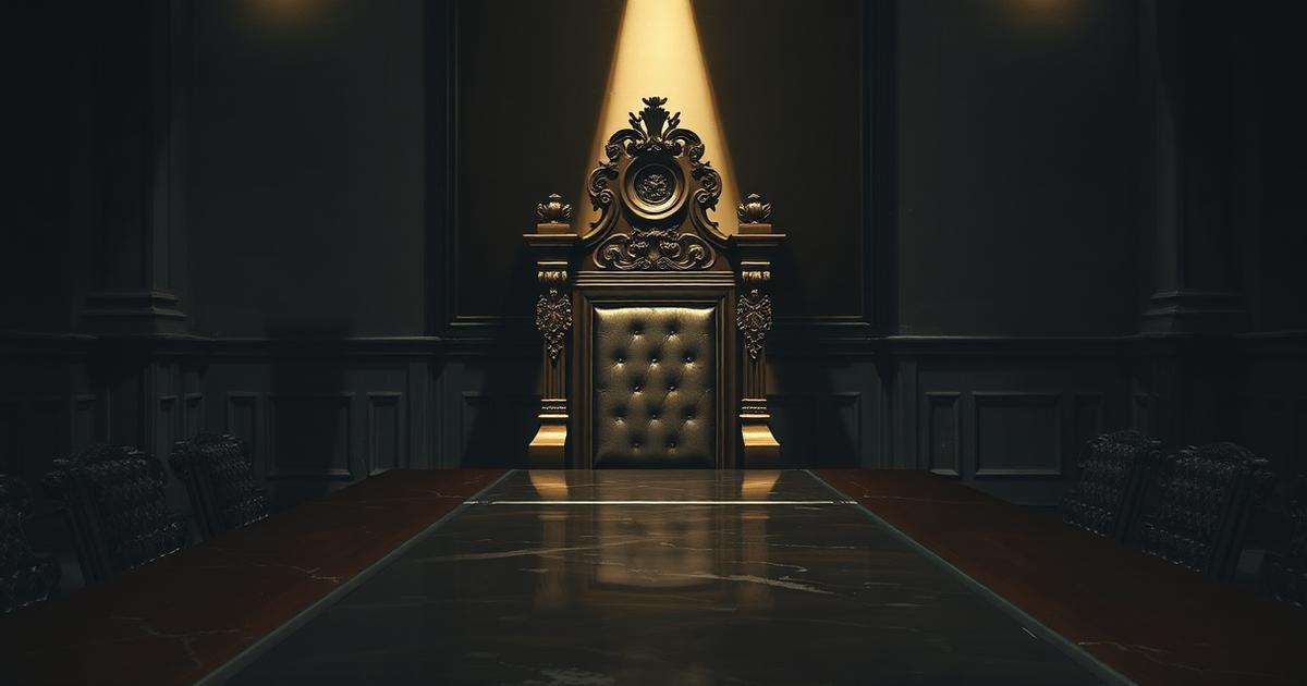 An empty ceremonial chair beneath a beam of light, evoking power, governance and responsibility