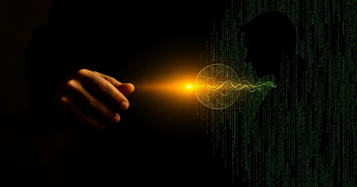A hand shaping warm light beside subtle streams of code, evoking formation from clay to data