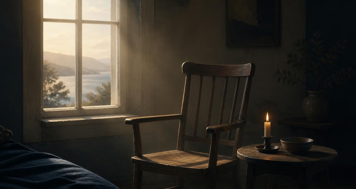 An empty chair beside a window at dawn, a single candle burning on a small table