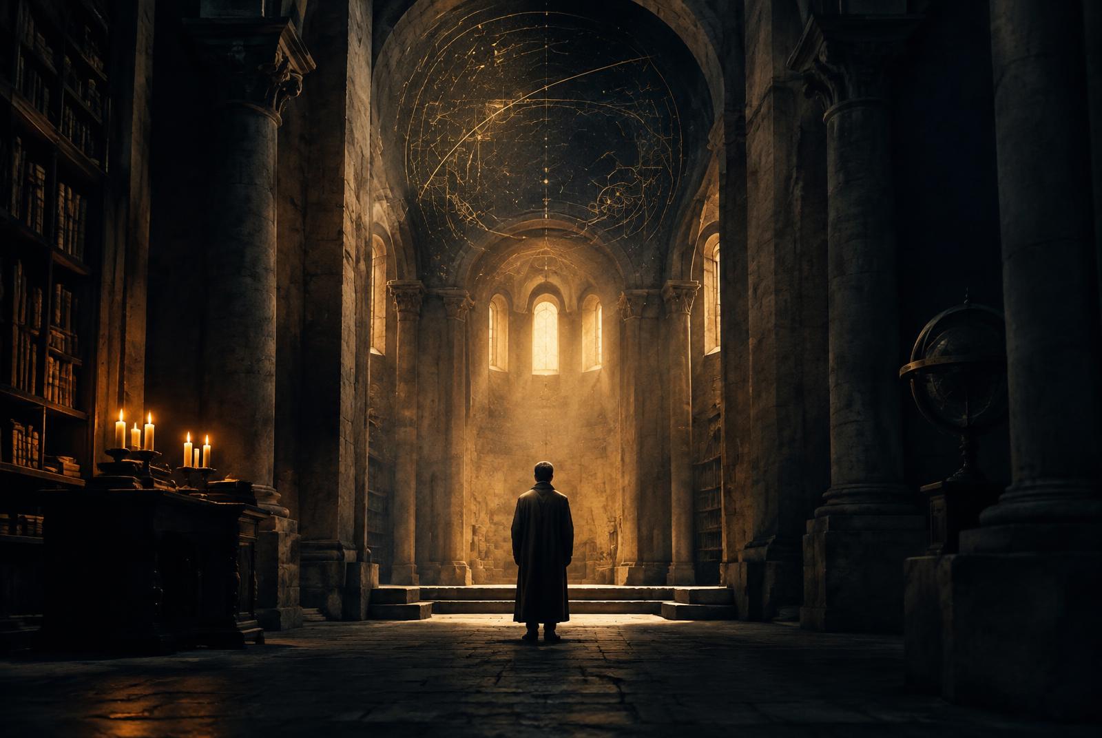 A solitary figure contemplating light and mystery in an ancient library